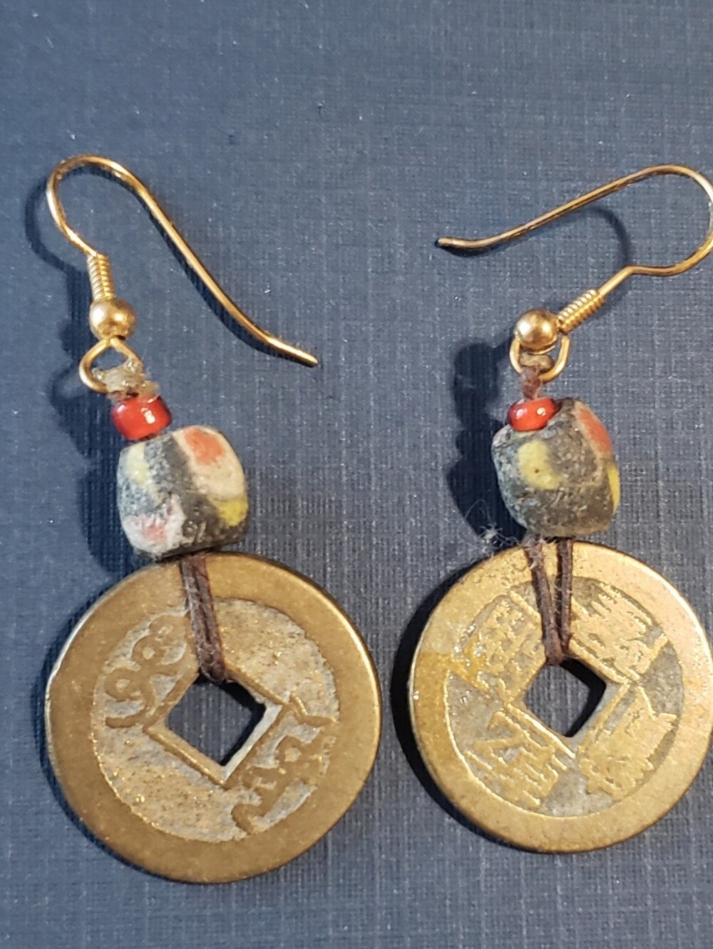 Gold-Tone Coin Drop Earrings with Red and Multicolor Beads